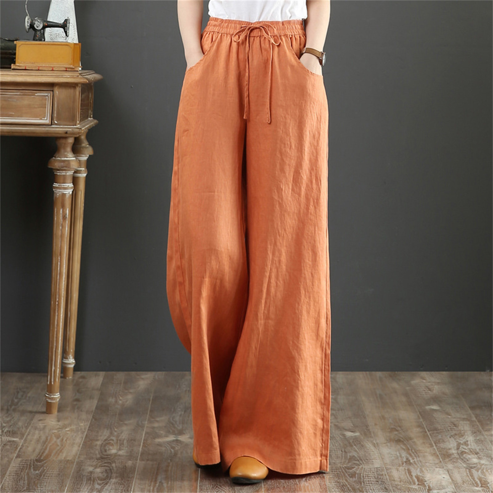 thumbnail image 2 of Pantalones palazzo de algodón y lino de cintura alta para mujer, con bolsillos, pantalones informales para estar por casa., 2 of 4